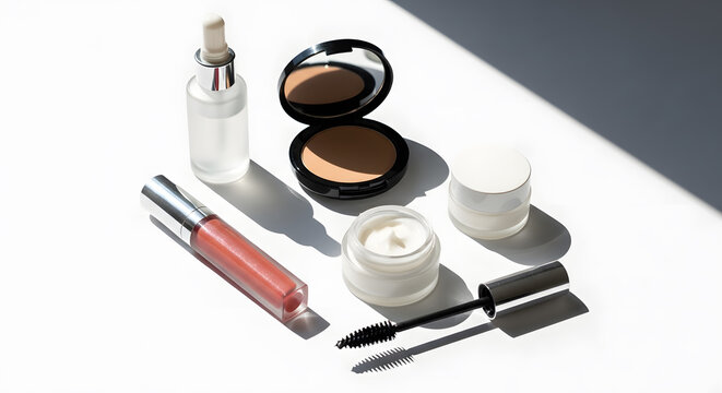Skincare and makeup flat lay with serum, cream, and cosmetics in direct sunlight with hard shadows on a white background.