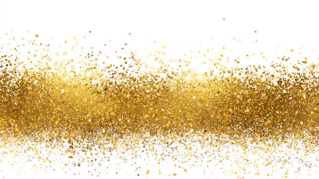 Golden dust. Gold sparkle splatter border. Gold glitter, golden abstract foil. Gold particles, shining gold sparks. Gold stroke on white background. Stock Illustration