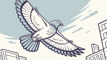 Pigeon flying over city buildings vector illustration drawing design for graphic resources and art projects