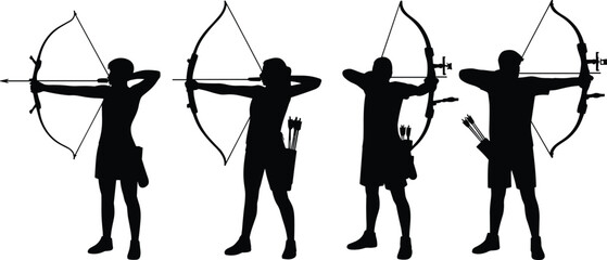 Obraz premium Archery silhouette vector illustration, male and female archers aiming with bows, arrow drawn, flat vector design, sports competition concept, editable.