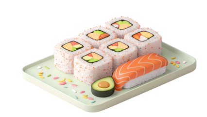 Sushi rolls salmon avocado on pale green plate with colorful sprinkles isolated on a transparent background