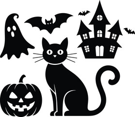 Halloween black cat, haunted house, ghost, pumpkin, bats vector illustration, spooky night decoration, flat Halloween design, editable silhouette set.