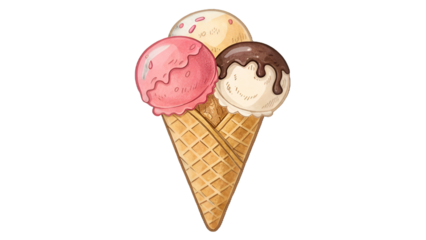 Waffle cone with three scoops of ice cream isolated on a transparent background image