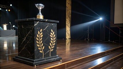 Trophy atop sleek black marble podium on a wooden stage, illuminated by spotlights, symbolizing achievement and success in a theatrical setting