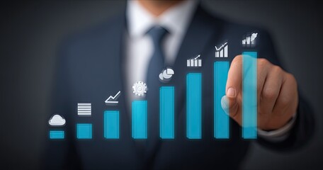 Businessman points to a projected upward trend graph with various icons