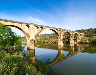 Fototapeta premium Stone arch bridge over calm river