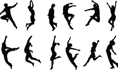 Silhouette dancers jumping and posing, energetic dance moves, male and female dancers, performing arts, active lifestyle, vector illustration, flat design, black shapes.