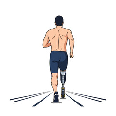 Pixel Art Illustration of a Back View of a Male Athlete with a Prosthetic Leg Running on a Gray Track on a White Background