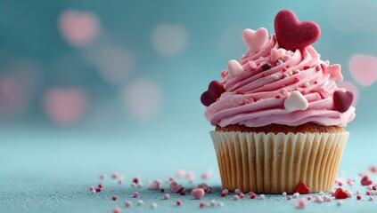 Pink Valentine's Day cupcake with heart decorations