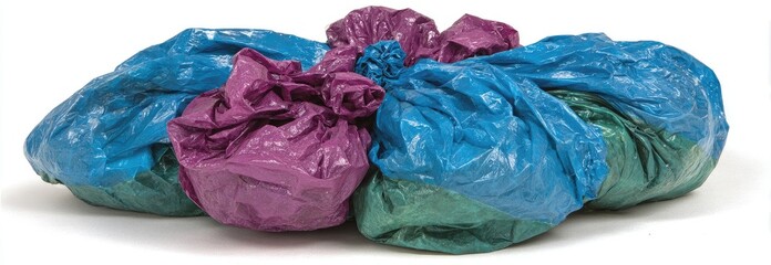 Fototapeta premium Abstract plastic bags in shades of purple, teal, and blue, tightly knotted, clustered together
