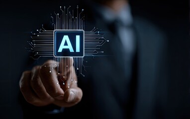 Close-up of a hand pointing at a holographic AI icon overlaid on circuit board design