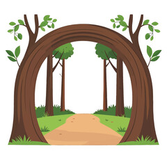 Obraz premium Whimsical Forest Portal with Brown Tree Archway Leading to Green Path Through Tranquil Scene under Soft Daylight in Digital Pixel Art Style