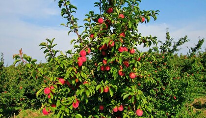 A fruitful plum tree laden with ripe, red plums stands amidst a vibrant orchard under a bright, blue sky