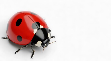 Obraz premium Detailed macro of a vibrant red ladybug with black spots against a white backdrop showcasing intricate details and