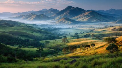 Fototapeta premium Misty mountain valley at dawn. Lush, rolling hills and distant peaks bathed in golden light