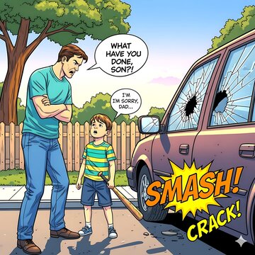 A father angrily confronts his young son who holds a baseball bat next to a car with a smashed window.