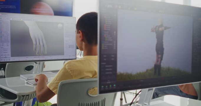 Primary School Students Working on Computers, Creating 3D Objects in Design Software, Studying Animation, Game Development and Digital Art. Diverse Kids Practicing 3D Modeling. Creative STEM Learning.