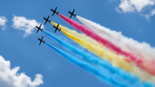 Aerobatic planes create colorful smoke trails