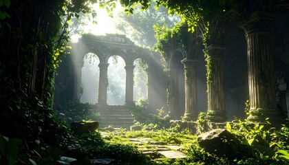 Obraz premium Exploring Ancient Stone Ruins Overgrown with Lush Greenery in Forest