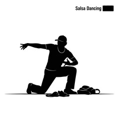 Fototapeta premium Dynamic male salsa dancer strikes energetic pose on one knee with shoes and bag nearby, capturing rhythm and passion