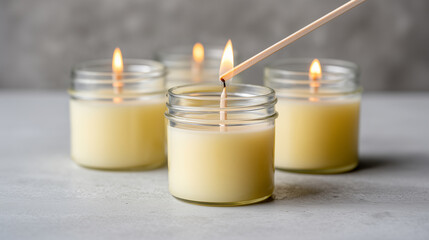Burning soy candles in glass jars with cozy relaxing atmosphere