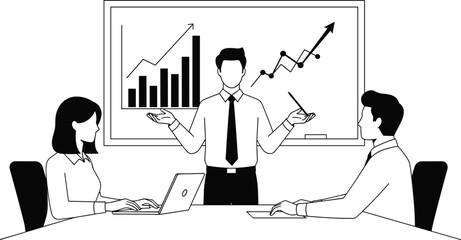 Business meeting with presenter showing growth charts on whiteboard, team collaboration with laptop and notes, black and white vector illustration