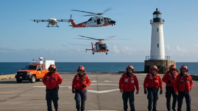 Coast Guard helicopter landing near lighthouse
