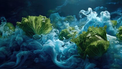 Abstract food art with vibrant greens and blues