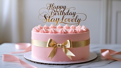 Elegant pink birthday cake with golden ribbon perfect for celebration announcements and party invitations