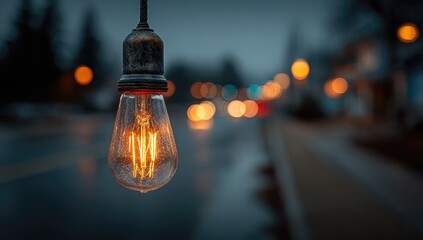 Warm light bulb hangs in rainy town