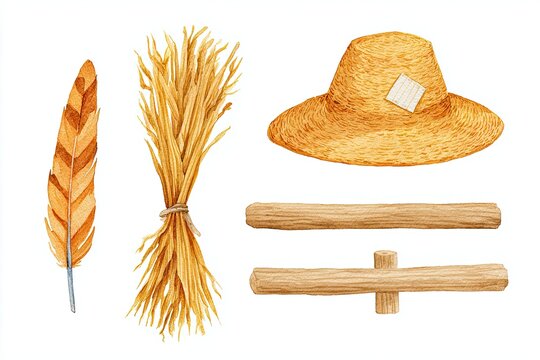 Watercolor Scarecrow Clipart Set - Harvest Tones with Straw Hat, Tuft, Wooden Crossbar, Crow Feather - Halloween Illustration on White Background