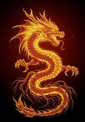 Obraz premium Radiant serpentine majesty an incandescent stylized dragon illustration on deep crimson backdrop a symbol of power