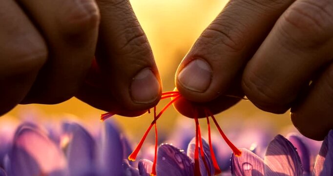 Hands Collecting Saffron from Crocus Flowers at Sunset