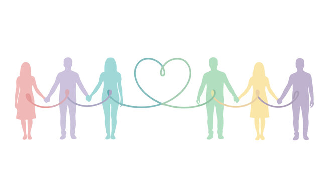 Colorful Silhouette People Connected by String of Fate with a Heart, Ideal for illustrating relationships, community, or the concept of interconnectedness.