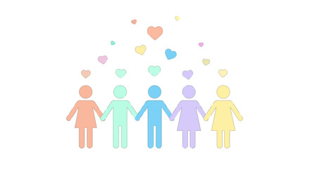 Diverse group of pastel-colored figures holding hands with hearts above, symbolizing unity, love, and community support for social causes and inclusivity initiatives.