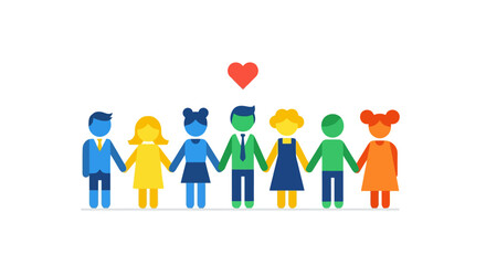 Diverse Group of Stylized People Holding Hands Under a Heart Symbol, Illustrating Unity, Love, and Community Support for Social Projects