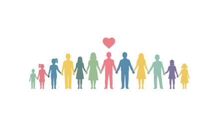 Diverse community holding hands under a heart symbol, conveying unity, support, and love for social campaigns and charitable organizations.
