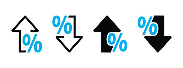 Percentage growth and decline icons set. Percent arrow up and down flat and line style symbols collection - stock vector.