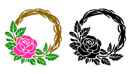 floral ornament wreath illustration, featuring roses and leaves framing and ribbon floral ornament illustration