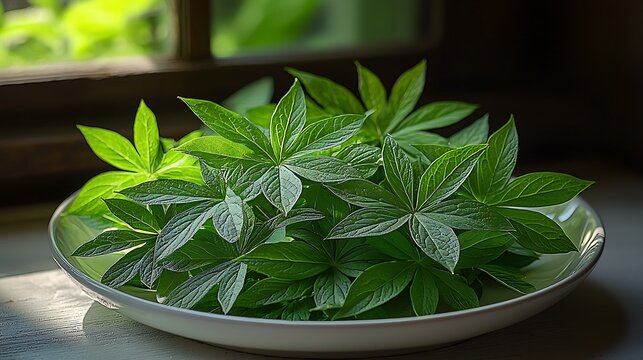 Fresh Green Leaves a White Bowl on a Surface Window Light image