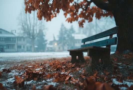 Foggy winter park bench - Powered by Adobe