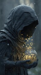 Dark figure, hooded, holds glowing jar of lights in wintery scene