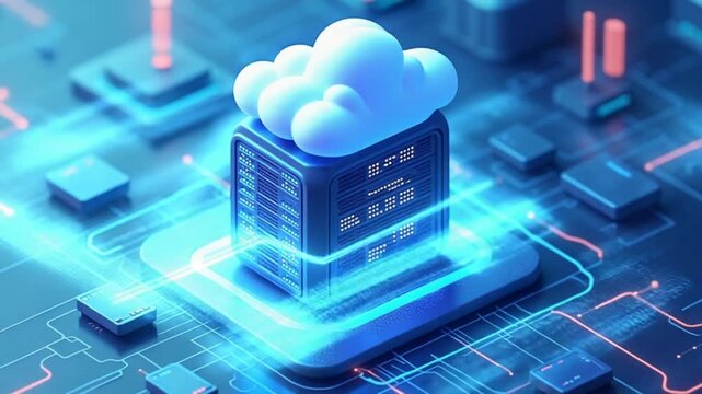 Isometric futuristic server animation. Isometric database or data center. Abstract blockchain. Computer storage. Cloud storage. 4K,