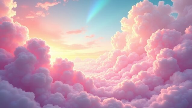 A vibrant, pastel-toned vista of fluffy, pink clouds against a serene sunset sky.