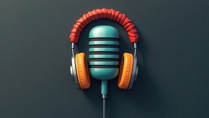 Colorful microphone and headphones, a dynamic and vibrant design element, presented on a dark backdrop, highlighting a playful audio concept.