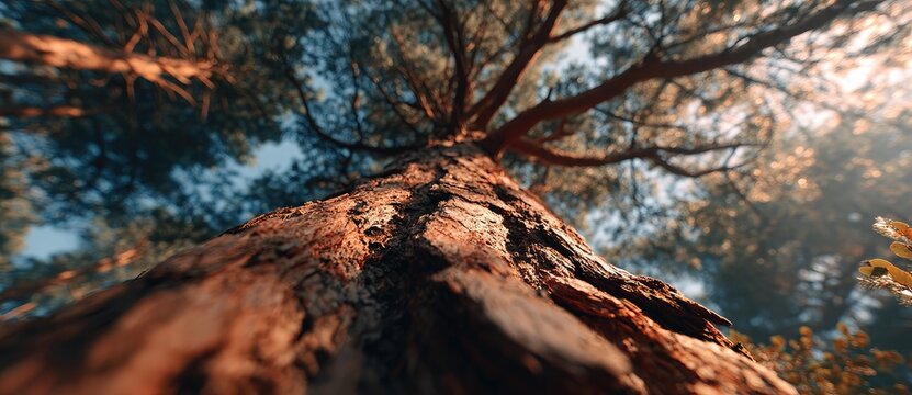 Close-up view of a tree trunk, branches reaching towards a light-filled sky