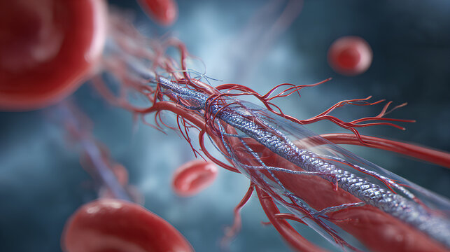 Peripheral Artery Angioplasty as Stent surgery procedure used to open narrowed or blocked arteries outside the heart as in the legs representing cardiology and blood circulation disease treatment.