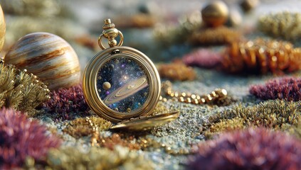 Golden pocket watch, universe inside