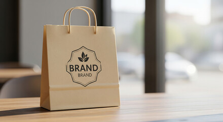 Craft paper bag displaying brand logo sits on wooden table near window in cafe, suggesting sustainable and ecofriendly shopping experience.