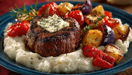 Grilled steak with roasted vegetables and mashed potatoes